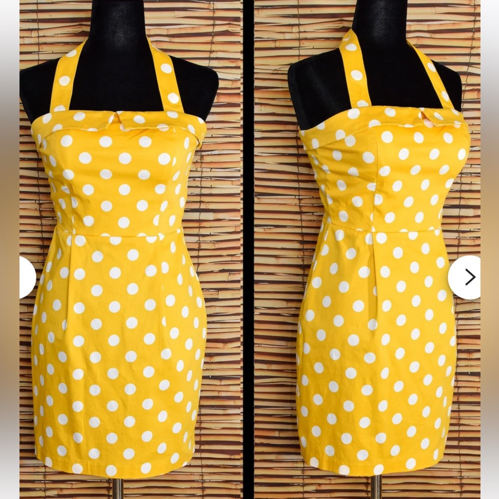 IXIA Retro Vintage Pinup Yellow Polka Dot Halter Bodycon Mini Dress Dress Large